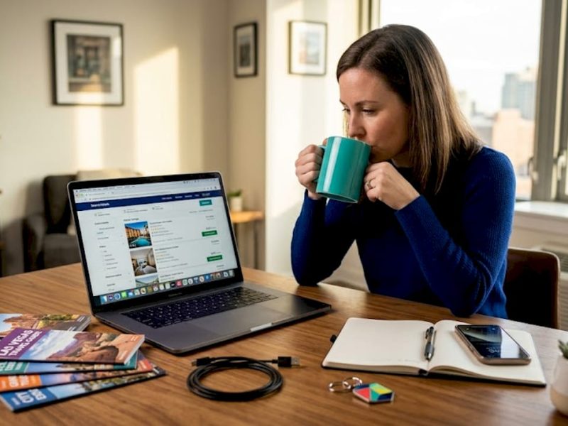 Woman researching Las Vegas hotels at kitchen table
