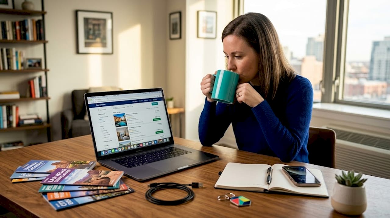 Woman researching Las Vegas hotels at kitchen table