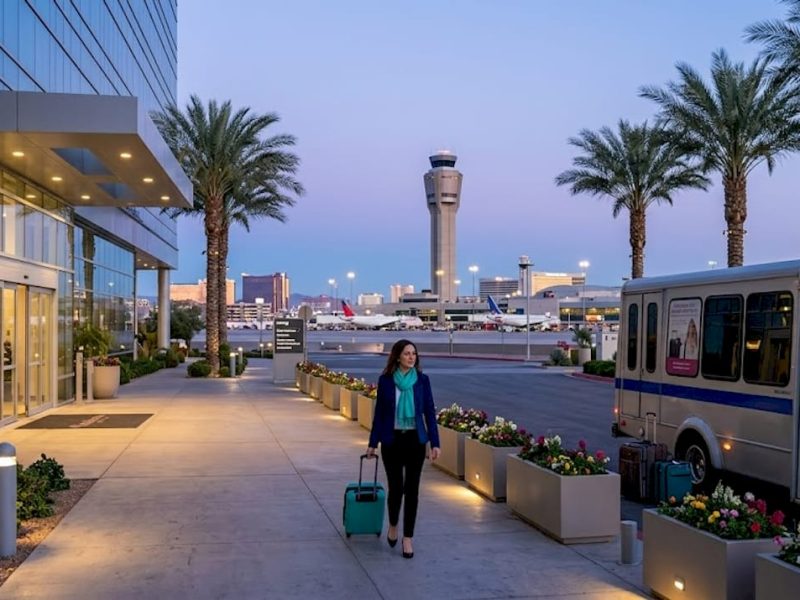 Traveler approaches Las Vegas airport hotel at dusk