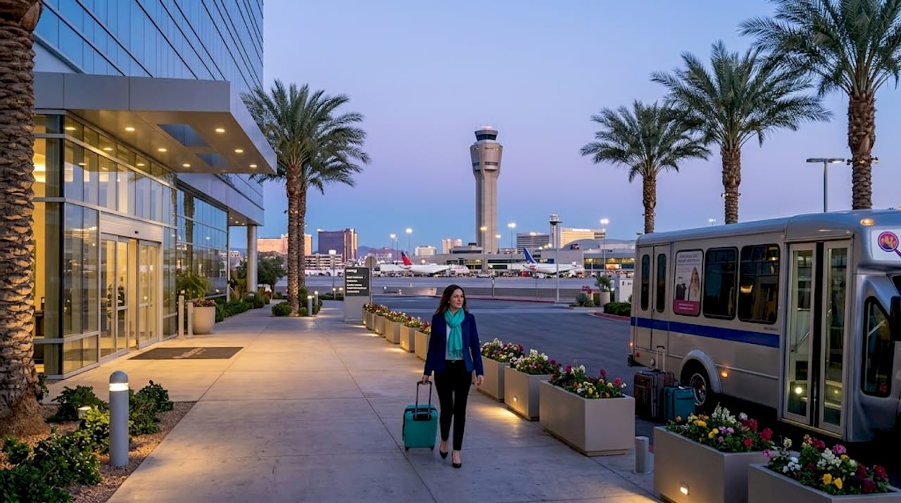 Traveler approaches Las Vegas airport hotel at dusk
