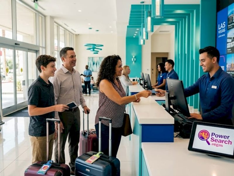 Travelers check in at Las Vegas hotel lobby