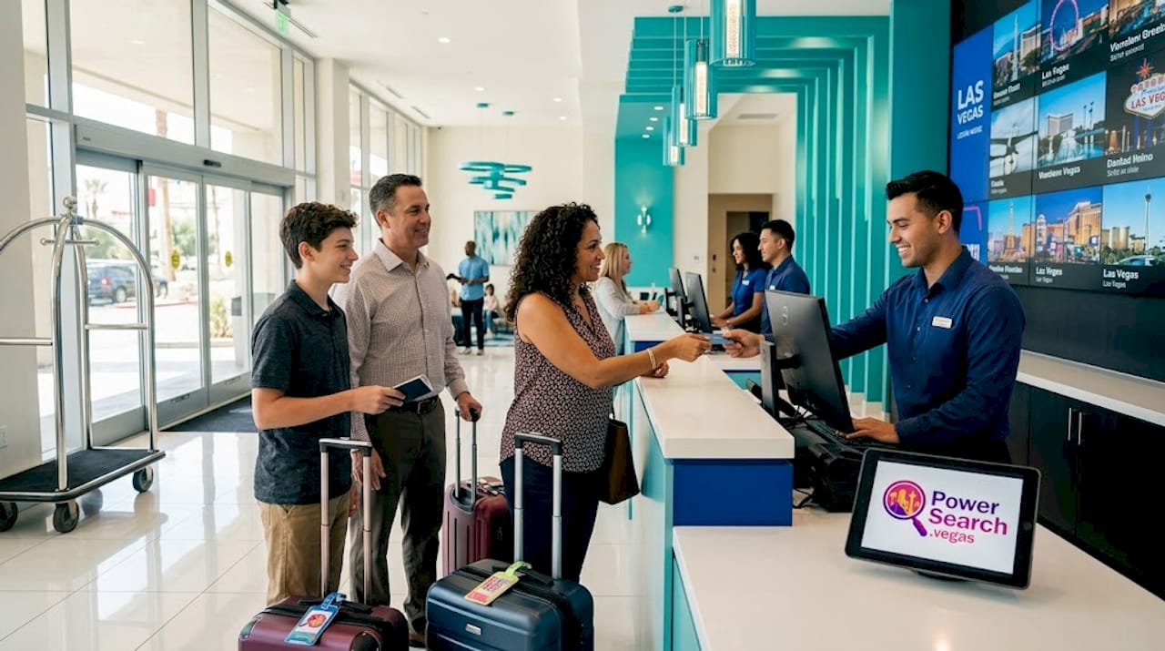 Travelers check in at Las Vegas hotel lobby