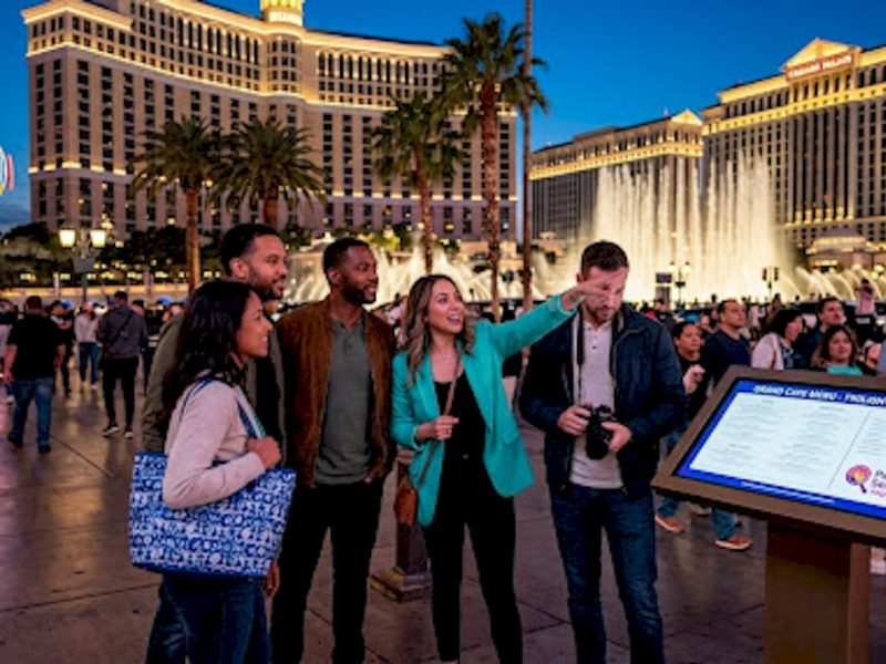 Travelers viewing Las Vegas casino exteriors at sunset