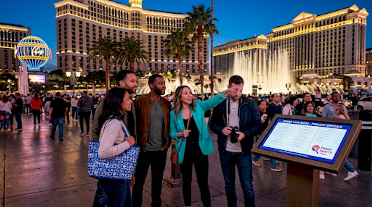 Travelers viewing Las Vegas casino exteriors at sunset