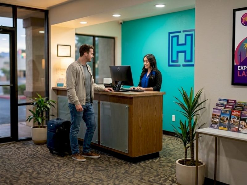 Traveler checking into Las Vegas budget hotel