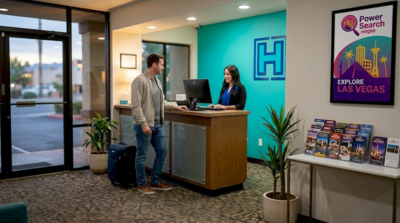 Traveler checking into Las Vegas budget hotel
