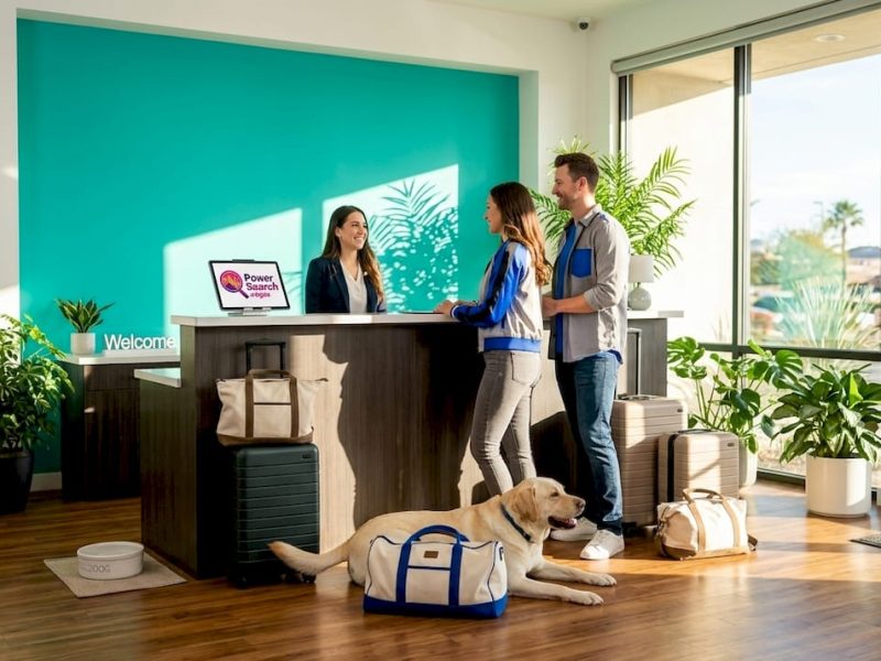Couple with large dog in Vegas hotel lobby