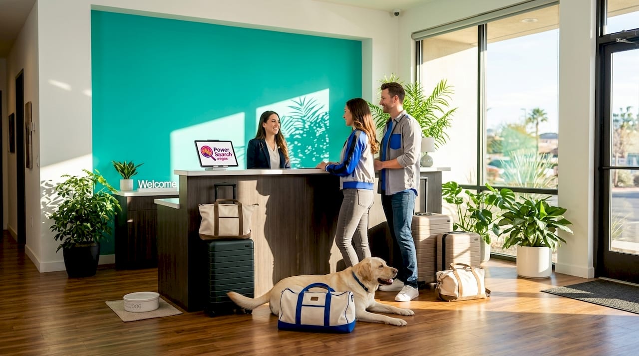 Couple with large dog in Vegas hotel lobby