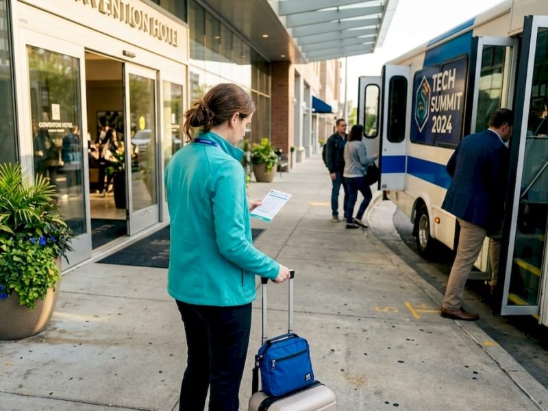 Attendee waiting for hotel shuttle at convention hotel
