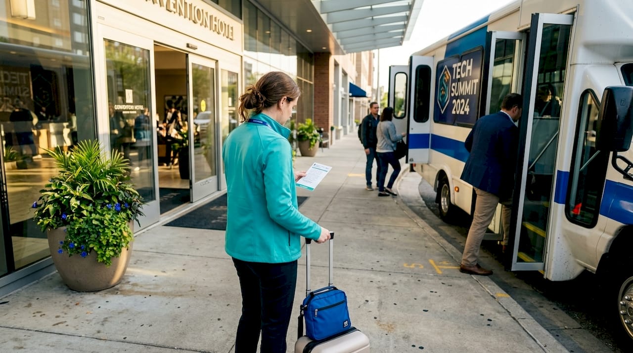 Attendee waiting for hotel shuttle at convention hotel