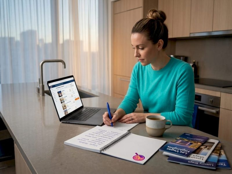Woman comparing hotel booking sites at kitchen table
