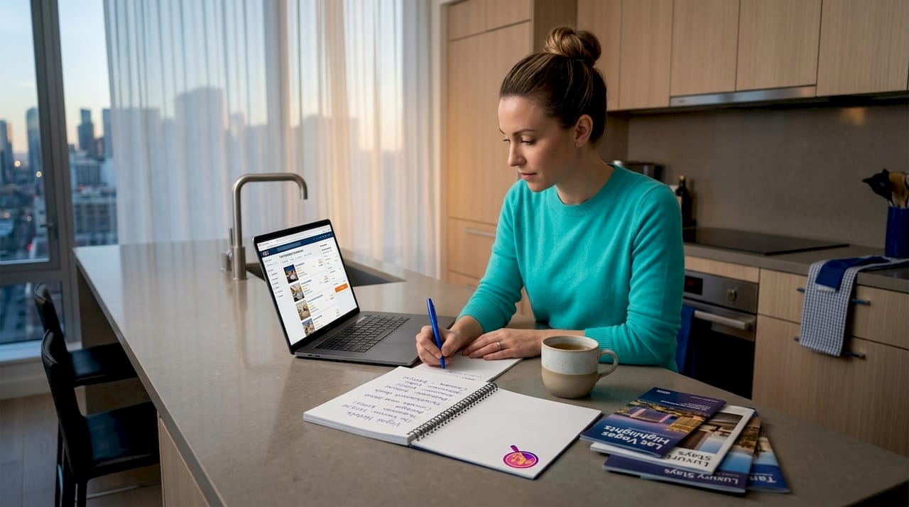 Woman comparing hotel booking sites at kitchen table