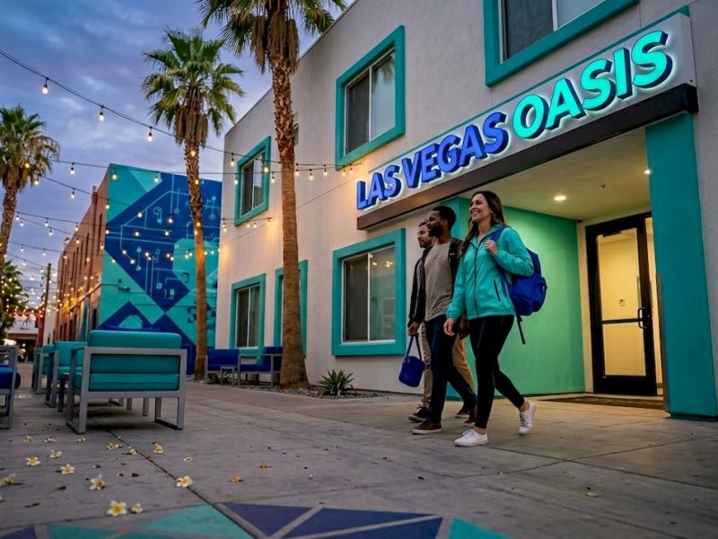 Travelers arriving at Las Vegas hostel exterior