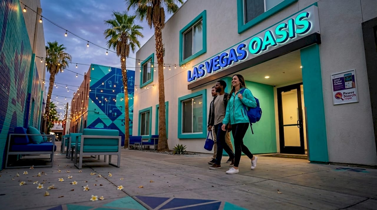 Travelers arriving at Las Vegas hostel exterior