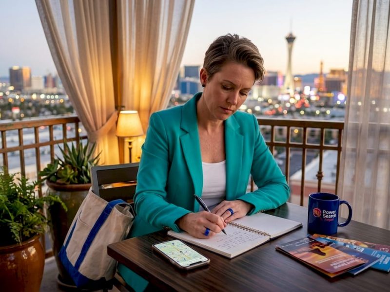 Travel writer documenting Las Vegas hotel view