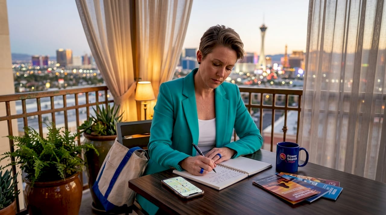 Travel writer documenting Las Vegas hotel view