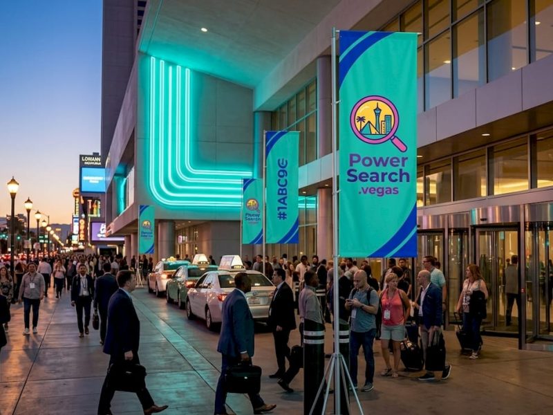 Exterior view of large Las Vegas convention hotel at dusk
