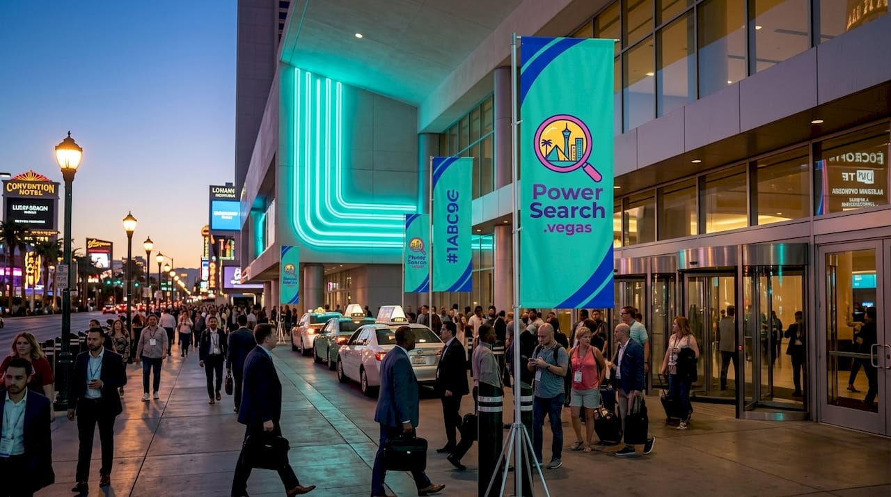 Exterior view of large Las Vegas convention hotel at dusk