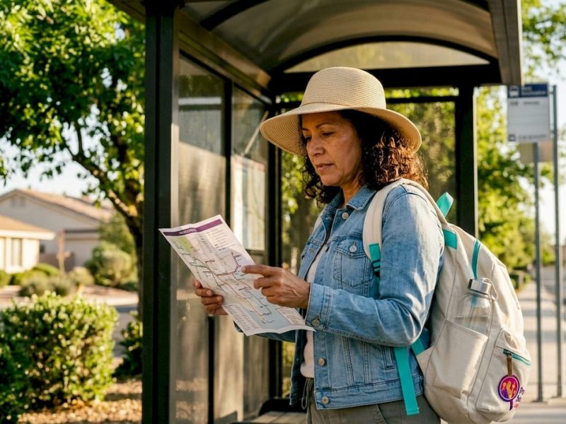 Woman checking Las Vegas shuttle route map at bus stop