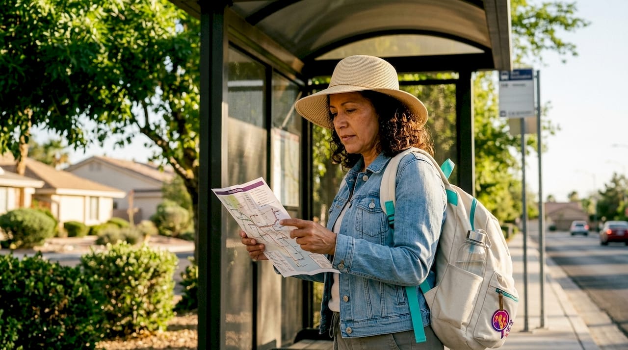Woman checking Las Vegas shuttle route map at bus stop