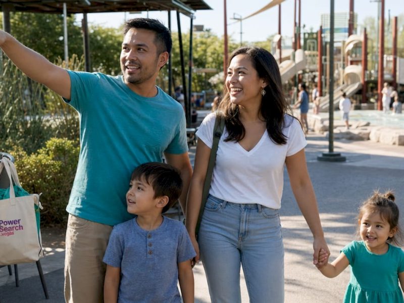 Family enjoying indoor amusement park rides in Las Vegas