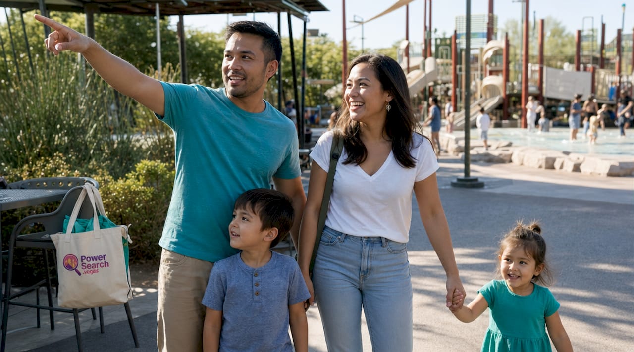 Family enjoying indoor amusement park rides in Las Vegas