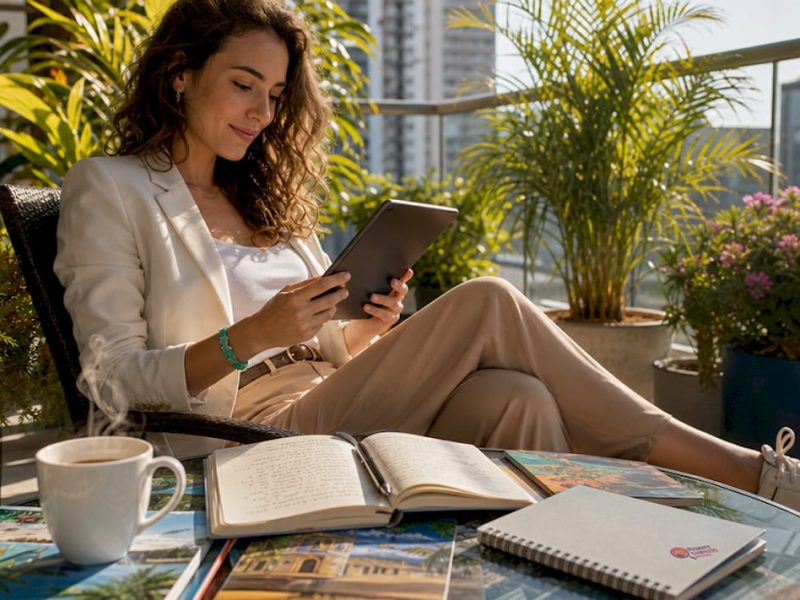 Woman browsing travel marketplaces at kitchen table